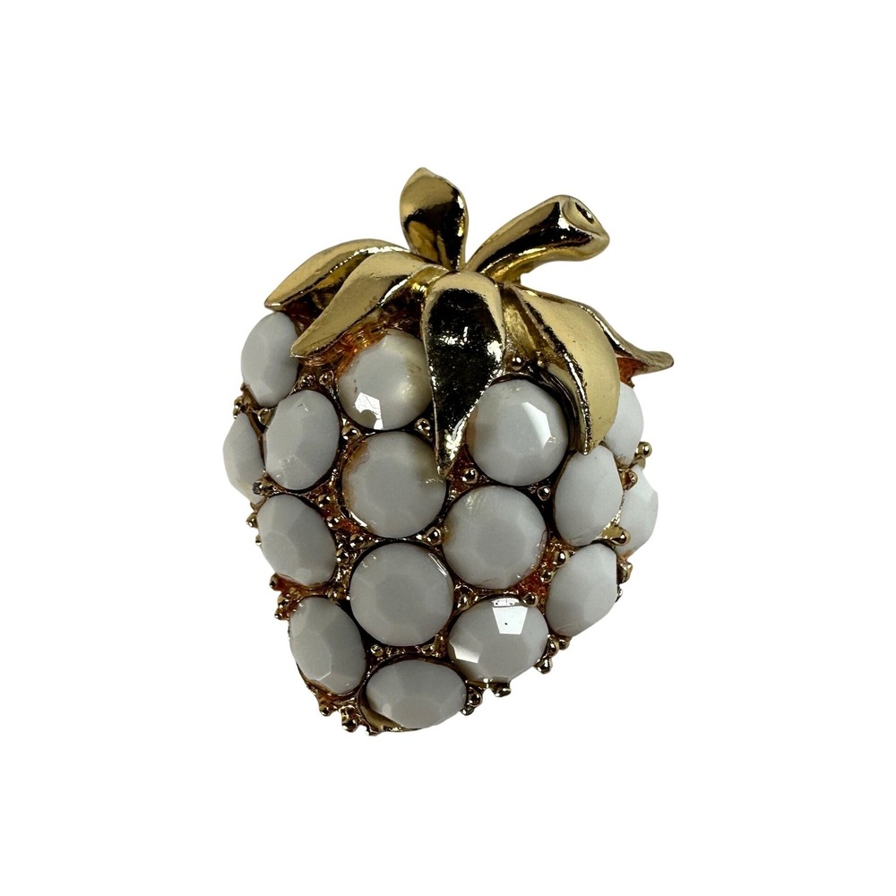 Vintage White Cabochon Strawberry Brooch Gold Tone Fruit Pin